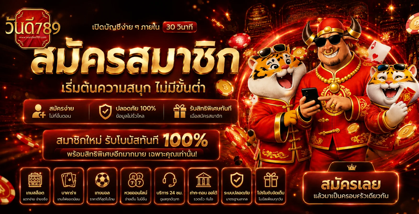 แบนเนอร์สมัครสมาชิก wandee789 โทนแดงทองพร้อมตัวละครสล็อต